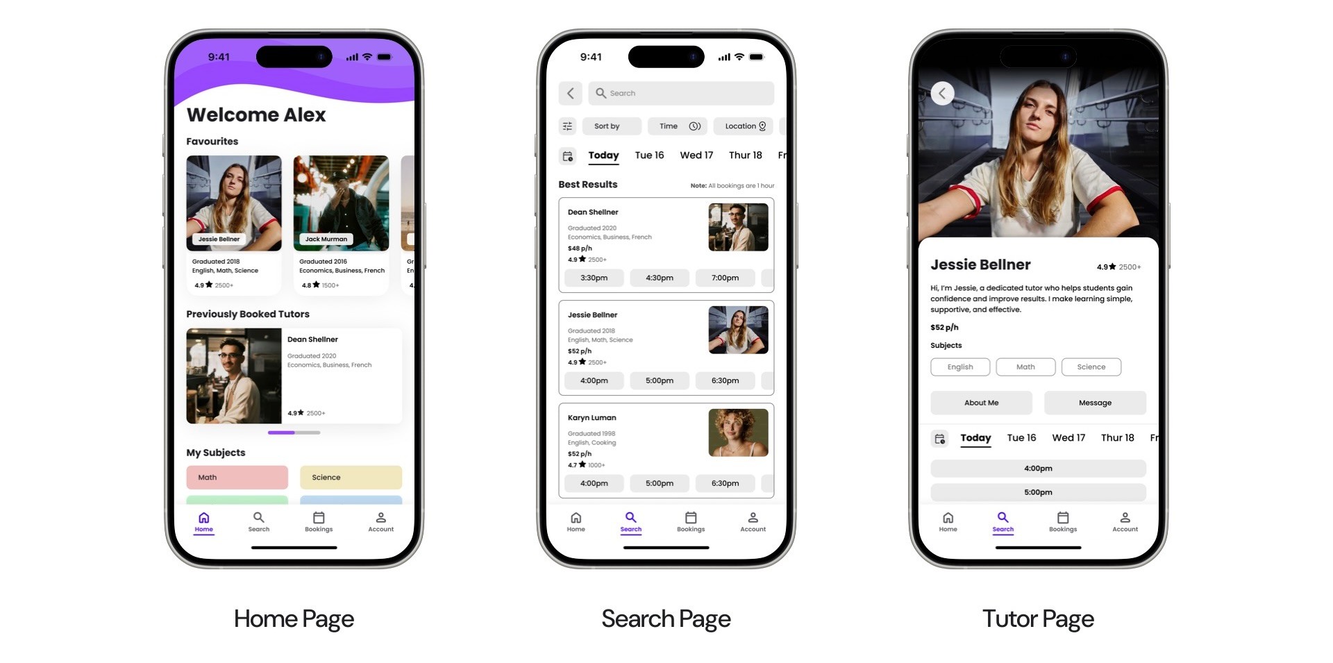 Three phones displaying the prototype home page, search page, and tutor page